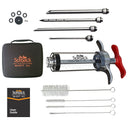 The SpitJack SHOT XL Meat Injector Kit with Deluxe Case and Four Needles includes syringes, stainless steel needles, cleaning brushes, gaskets, a carrying case, and a user guide. Designed for efficient marinating of any size meat, this branded SpitJack kit is displayed with all components neatly arranged on a white background.