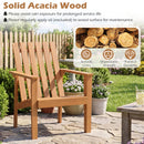 A wooden outdoor chair sits on a patio next to the DirectDeals 17″ Square Acacia Wood Side Table with Slatted Top, surrounded by a fence, potted plant, and grass. Text highlights the chair’s durability and maintenance tips.