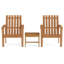 Two wooden Adirondack chairs with slatted backs and seats sit beside the 17″ Square Acacia Wood Side Table with Slatted Top by DirectDeals, all in a simple, natural finish on a white background.