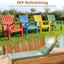 Four colorful wooden chairs surround the 17″ Square Acacia Wood Side Table with Slatted Top by DirectDeals. A paintbrush refreshes the look below. Text: DIY Refinishing—customize to match your outdoor space!.