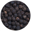 A close-up, top-down view of The Spice Lab Special Extra Bold Indian Black Peppercorns, highlighting the aromatic whole peppercorns with their rough, wrinkled surfaces inside a circular frame.