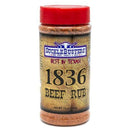 A 12 oz container from DDR BBQ Supply's Top 10 Store-Bought BBQ Brisket Rubs Variety Pack, perfect for use as a brisket seasoning, featuring a red lid and yellow label with bold black text and "Best in Texas!" handwritten in red above the product name.