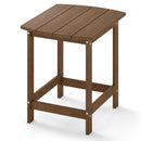 The DirectDeals 18″ Weather Resistant Outdoor Side Table - HDPE Construction features a brown slatted top and sturdy legs, shown at an angle on a white background.