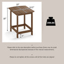 The 18″ Weather Resistant Outdoor Side Table - HDPE Construction by DirectDeals is sturdy, holds up to 200 lbs, and stands 19″ tall. Check size and align all holes before tightening screws for best assembly.