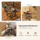Three images show the DirectDeals 18″ Weather Resistant Outdoor Side Table - HDPE Construction used outdoors, in a bathroom, and in a living room, showcasing its weather-resistant, sun-protective, and waterproof qualities.