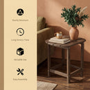 The 18″ Weather Resistant Outdoor Side Table - HDPE Construction by DirectDeals sits by a green sofa, styled with books, a mug, and vase. Icons show its sturdy build, long lifespan, versatile use, and easy assembly.