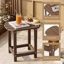 The 18″ Weather Resistant Outdoor Side Table - HDPE Construction by DirectDeals is shown with a drink, book, and desserts. Insets highlight its easy-clean surface, curved edge, and stainless steel screws; table is inside by pebbles and wood paneling.