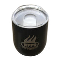 The WPPO WPPO Hot and Cold Tumbler With Lid by WPPO LLC Direct is a black, vacuum-insulated tumbler featuring a clear plastic lid. The front displays the WPPO logo with a flame, along with the words "GET FIRED UP" engraved below it. The product is shown against a plain white background.