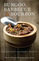 A wooden bowl filled with chunky stew sits on a wooden surface beside a metal spoon. Above, the title "Burgoo, Barbecue, and Bourbon: A Kentucky Culinary Trinity - Paperback" from Books by splitShops is displayed, with author and photographer credits below. This inviting arrangement evokes the rich flavors of Kentucky barbecue and traditional burgoo recipes featured in this cookbook.
