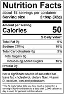 Nutrition facts label for Gourmet Carolina Gold Classic Carolina Gold BBQ Sauce showing 50 calories per 2 tablespoon serving, with 8g of total sugars and 230mg of sodium.
