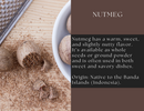 Spice Wheel Ground Nutmeg and whole nutmeg, along with a grater, sit on a wooden surface beside a bowl. Text highlights Spice Wheel’s sweet, warm spice and its versatility in the kitchen, also mentioning that this aromatic ground nutmeg originates from the Banda Islands in Indonesia.