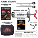The SpitJack SQUIRT 50 Meat Injector Kit by SpitJack comes with a BBQ injection needle, marinade injector, two needles, O-rings, cleaning brushes, user guide, storage case, and a downloadable meat injecting guide. All items are clearly labeled and neatly arranged on a white background.