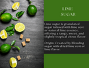 Limes, leaves, and sugar cubes on a dark surface, with a green text box on the right side of the image describing Spice Wheel Lime Sugar’s citrus flavor and its origin.