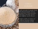 A bowl of Spice Wheel Garlic Powder rests on a straw mat next to a whole garlic bulb. Text beside the image highlights how this dehydrated garlic from Central Asia delivers a robust, savory flavor and can be used in a variety of dishes.
