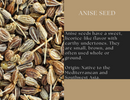 Close-up of brown Spice Wheel Anise Seed Powder with text describing its sweet, licorice-like flavor accented by earthy undertones, highlighting its uses and origin in the Mediterranean and Southwest Asia on the right side.