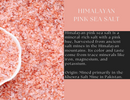 A bowl of Spice Wheel Himalayan Pink Sea Salt rests atop a generous heap of salt. Text beside it highlights the salt’s rich mineral content, natural pink hue, and its source—mineral-rich deposits in Pakistan’s Khewra Salt Mine at the foothills of the magnificent Himalayas.