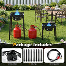 Two DirectDeals Propane Camping Stove 80000 BTU Single Burners with Regulator are set up in a garden, each showing blue flames, red propane tanks, included eight legs, and a regulator.