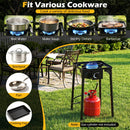 The DirectDeals Propane Camping Stove 80000 BTU Single Burner with Regulator heats pots, pans, and trays for boiling, stir-frying, or BBQ. Compatible cookware shown; gas cylinder not included.