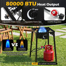 DirectDeals Propane Camping Stove 80000 BTU Single Burner with Regulator set up on grass; features adjustable valves, flame control, and optimized air-fuel ratio. Gas cylinder not included.