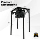 The DirectDeals Propane Camping Stove 80000 BTU Single Burner with Regulator features a black metal frame, four legs, holds up to 220 lbs, measures 15.5 x 15.5 x 29 in, and has a front control knob for easy heat adjustment.