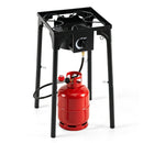 The DirectDeals Propane Camping Stove 80000 BTU Single Burner with Regulator features a black metal frame, four legs, front flame control knob, and connects by hose to a red propane tank underneath.