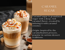 Two iced coffee drinks topped with whipped cream and caramel drizzle sit on a dark surface beside sugar cubes. Text highlights Spice Wheel Caramel Sugar’s unique flavor and origin, describing how granulated sugar from Spice Wheel transforms into a rich caramel taste, all set against a warm, caramel-colored background.