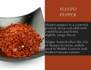 A black bowl filled with coarsely ground red Spice Wheel Aleppo Pepper—a mild chili celebrated in Middle Eastern and Mediterranean cuisine—sits next to a text box detailing its unique flavor and the heritage of the Spice Wheel brand.