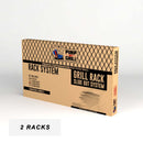 Cardboard product packaging for a Pimp My Grill® Gen2 Slide-Out Rack System - 2 Racks for the Recteq RT-590, featuring a diagram of the two-level cooking station and text listing included components and compatible models.