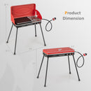 DirectDeals 2-in-1 Gas Camping Grill and Stove with red and black design, tall legs, propane connector. Shown open: 29x18.5x34.5; closed: 29x11x25 (Product Dimension).