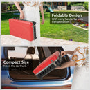 A person holds the 2-in-1 Gas Camping Grill and Stove with a handle, while another photo shows it easily fitting in a car trunk. Text highlights its foldable, compact design for easy transport. Brand: DirectDeals.