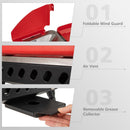Three labeled images show a foldable wind guard, air vent, and removable grease collector on the DirectDeals 2-in-1 Gas Camping Grill and Stove in striking red and black.