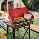 The DirectDeals 2-in-1 Gas Camping Grill and Stove with sits on a wooden table, cooking meat and veggie skewers beside a pot. A picnic table with plates and salad, grass, and playground equipment complete the outdoor scene.