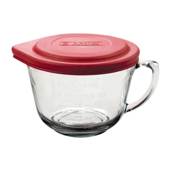 2 quart Anchor Hocking glass batter bowl with lid, handle, and spout