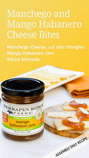 A jar of Terrapin Ridge Farms Mango Habanero Jam is displayed next to Manchego cheese triangles topped with the jam and sliced almonds, with sweet heat appetizer details and recipe name shown on a yellow background.