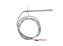 The Smokin Brothers 4″ RTD Sensor by Smokin Brothers features a metal temperature probe with a long braided wire and two exposed red and black wire ends, displayed on a white background—ideal for use as a grill temperature sensor or RTD sensor in pellet grill temperature control systems.