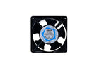A square black cooling fan with five blades and a blue and white center label displaying the Smokin Brothers brand, model, and voltage information. The Smokin Brothers Fan Motor is designed to ensure optimal pellet grill airflow and is shown against a white background.