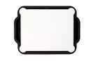 The Smokin Brothers Prep & Slice Cutting Board with Tray features a rectangular white cutting board with rounded corners, nested inside a black plastic tray with handles on each side, as seen from above.