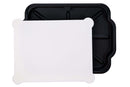 A Smokin Brothers Prep & Slice Cutting Board with Tray, featuring a white rectangular cutting board with rounded corners partially covering a rectangular black tray with raised edges, is displayed against a white background.