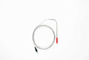 A coiled metal temperature probe with a right-angle tip and red handle, connected to a black plug, is displayed on a white background—the Smokin Brothers Que-View Meat Probe is ideal for monitoring food temperatures and works seamlessly with the Smokin Brothers Controller.