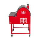 The Smokin Brothers “30” Premier Plus Barn-B-Que Grill is a red BBQ grill by Smokin Brothers, designed to resemble a barn with white trim accents, a black roof, side shelf, chimney, and wheels for easy mobility. Ideal for outdoor kitchens and perfect for pellet cooking enthusiasts.