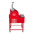 A Smokin Brothers “30” Premier Plus Barn-B-Que Grill—designed with a distinctive red, barn-shaped body on wheels, accented with white trim, featuring a convenient side table extension and topped with a black rooster-shaped weather vane—is the ideal choice for outdoor kitchen enthusiasts and those who love pellet cooking as much as they do classic barn-style grills.