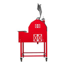 A red, barn-shaped desk on wheels, styled with white barn door details and an integrated monitor—ideal for demonstrating pellet cooking methods or planning custom outdoor kitchens inspired by the Smokin Brothers “30” Premier Plus Barn-B-Que Grill from Smokin Brothers.