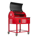 A Smokin Brothers “30” Premier Plus Barn-B-Que Grill by Smokin Brothers, featuring a distinctive barn door design, open lid, and four wheels for mobility, stands on a white background—ideal for outdoor kitchens or anyone interested in pellet grilling.