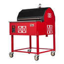 The Smokin Brothers “30” Premier Plus Barn-B-Que Grill, designed by Smokin Brothers to resemble a classic red barn, features white trim, barn-style doors, a chimney for authentic pellet grilling, and four caster wheels for easy mobility—making it both a charming and functional addition to any outdoor kitchen.
