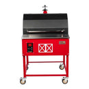 The Smokin Brothers “30” Premier Plus Barn-B-Que Grill is a red and black pellet smoker on four wheels, featuring a unique metal barn door design on the front and an easy-to-use digital control panel—ideal for pellet cooking in outdoor kitchens.