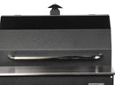 A close-up of a black, closed outdoor grill featuring a stainless steel handle and a flat surface in front highlights the Smokin Brothers Stainless Steel Upgrade Kit for Premier Grills - 36 Premier—an ideal pellet grill enhancement from Smokin Brothers.