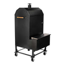 The Smokin Brothers Premier Vertical by Smokin Brothers is a black metal smoker grill on wheels featuring a vertical rectangular body, a side box attached at the lower front, and a small wooden handle on the main door. This vertical pellet smoker provides precise temperature control for effortless all-season smoking.