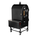 The Smokin Brothers Premier Vertical is a black pellet smoker on wheels, featuring a metal handle, precise temperature gauge, and convenient side control panel. Designed for all-season smoking, it includes a front shelf for prep work and displays the Smokin Brothers logo on the upper door.