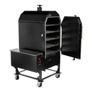 The Smokin Brothers Premier Vertical by Smokin Brothers is a black outdoor vertical pellet smoker featuring four interior racks, an open front door, a side metal shelf, and wheels for easy mobility. It includes a chimney vent on top and a digital control panel on the front for precise temperature control, making it ideal for all-season smoking.