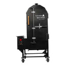 The Smokin Brothers Premier Vertical is a black pellet smoker on wheels, designed for all-season smoking, featuring a door, temperature gauge, and a conveniently placed control panel on the left side.